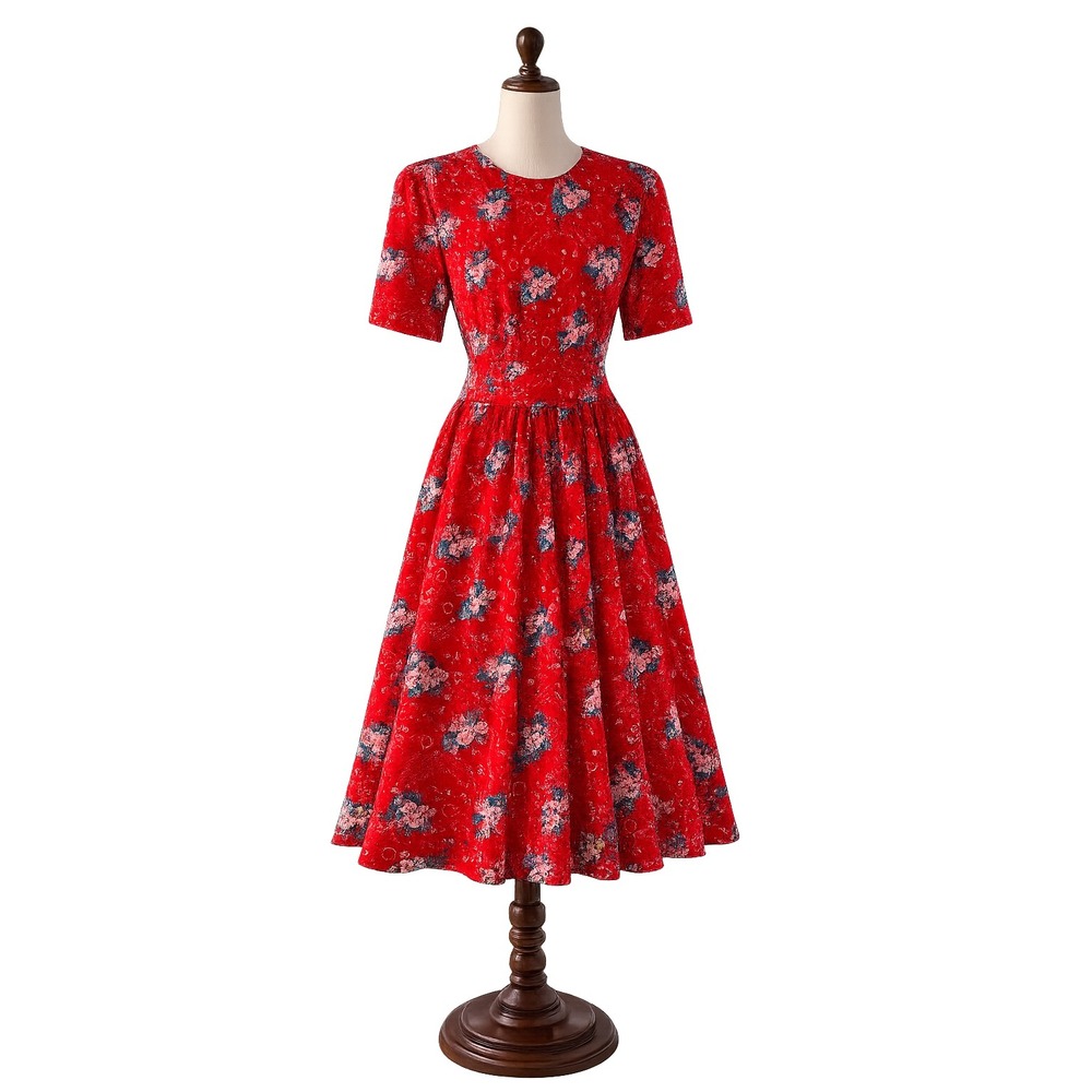 Karin Stevens Petites Vintage 90s Red Floral Rayon Midi Dress Short Sleeve Sz 10
